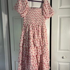 Francesca's Pink Smocked Puff Sleeve Maxi Dress